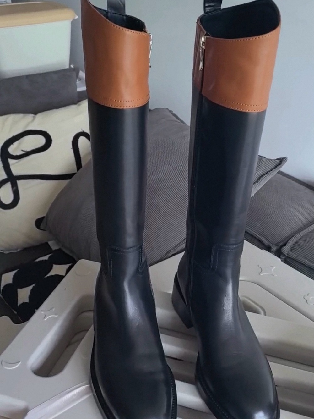 Two-Tone Over-the-Knee Riding Boots in Black and Tan